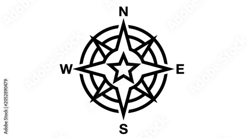 Black and white compass rose icon with cardinal directions.