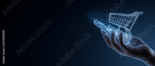 Human Hand Holding Digital Holographic Shopping Cart with Light Particles Concept