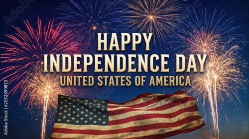 Happy Independence Day with american flag and a fireworks display. 4th of July decoration background