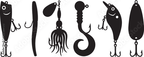 Tableau sur toile Fishing Lure Silhouette Set – Spinnerbait, Jig, Soft Worm, Spoon and Treble Hook