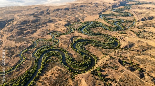 Aerial view of snake river meandering through arid landscape in hells canyon oregon usa