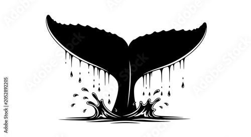Fotografie Whale Tail Silhouette With Water Splashes Black And White Graphic