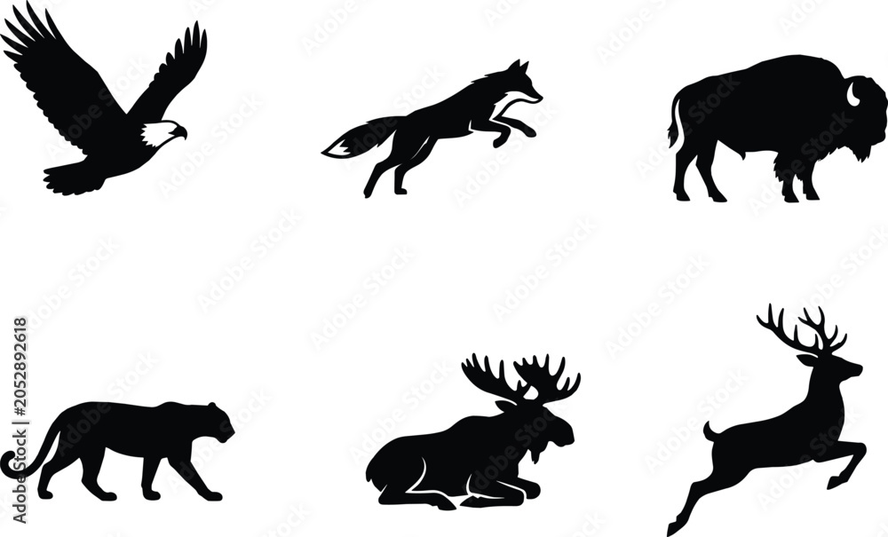 Fototapeta premium Wild Animal Silhouette Collection Featuring Eagle Fox Bison Panther Moose and Deer Vector Set