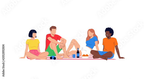 Diverse friends enjoying a casual picnic on a striped blanket, flat illustration style