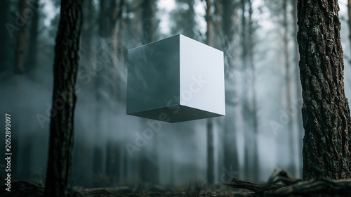 A white cube levitates in a foggy pine forest