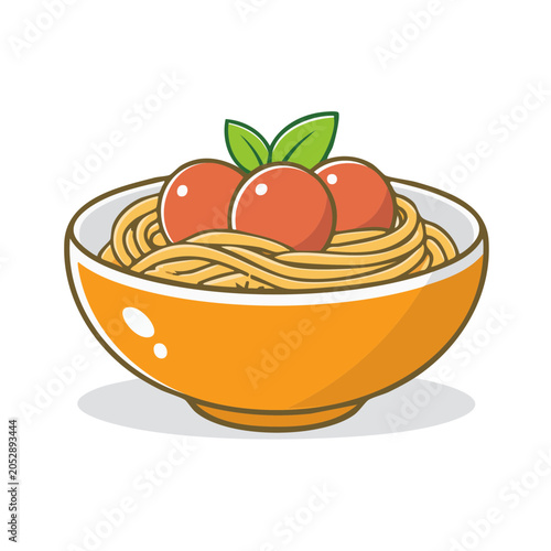 Cartoon illustration of spaghetti with tomatoes in a bowl