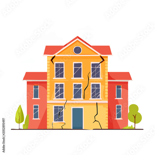 Cracked building illustration with trees