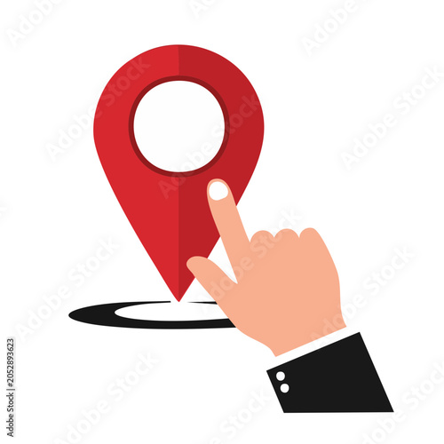 Hand pointing at a red map pin