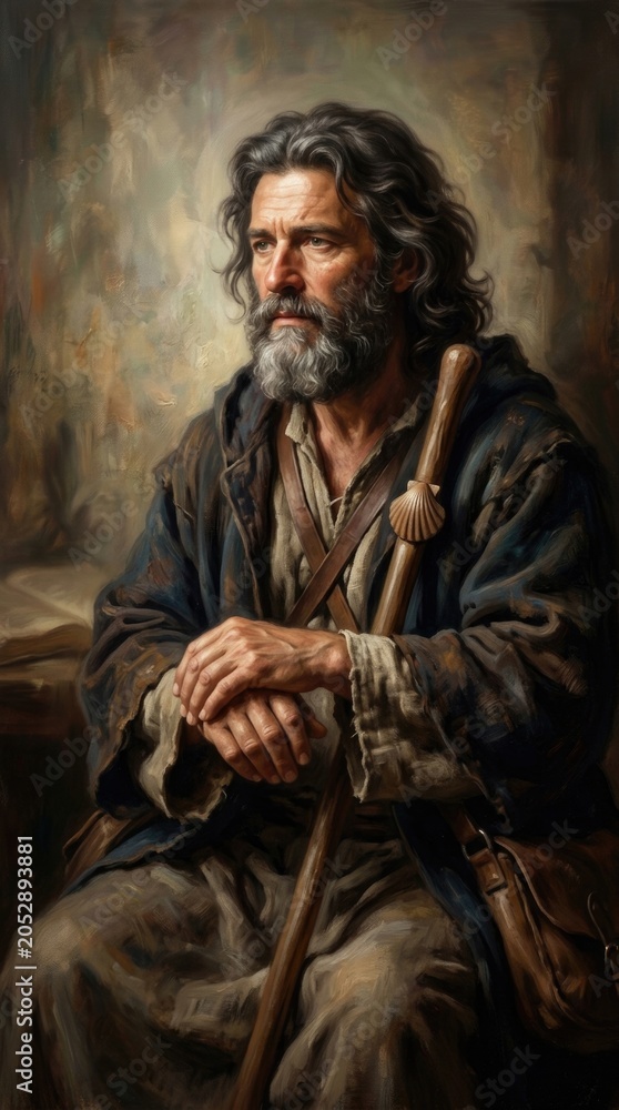 Fototapeta premium Saint james the apostle, venerable bearded man clad in pilgrim tunic, clasping wooden staff bearing scallop shell, deep spiritual contemplation, ancient religious personage.