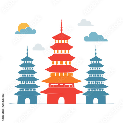 Three pagodas in flat design style