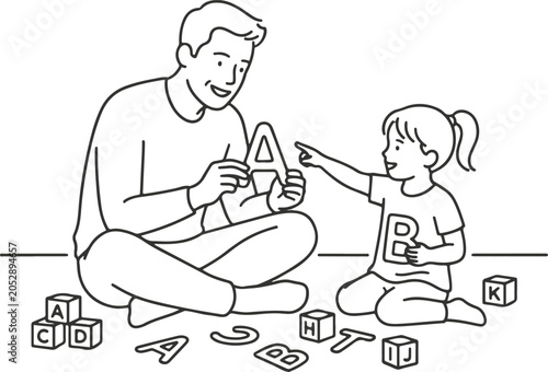 Man and little girl playing with alphabet blocks
