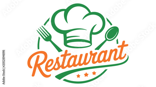 Chef Hat and Utensils Logo with Restaurant Wordmark in Orange and Green Line Art for Food Branding Concept
