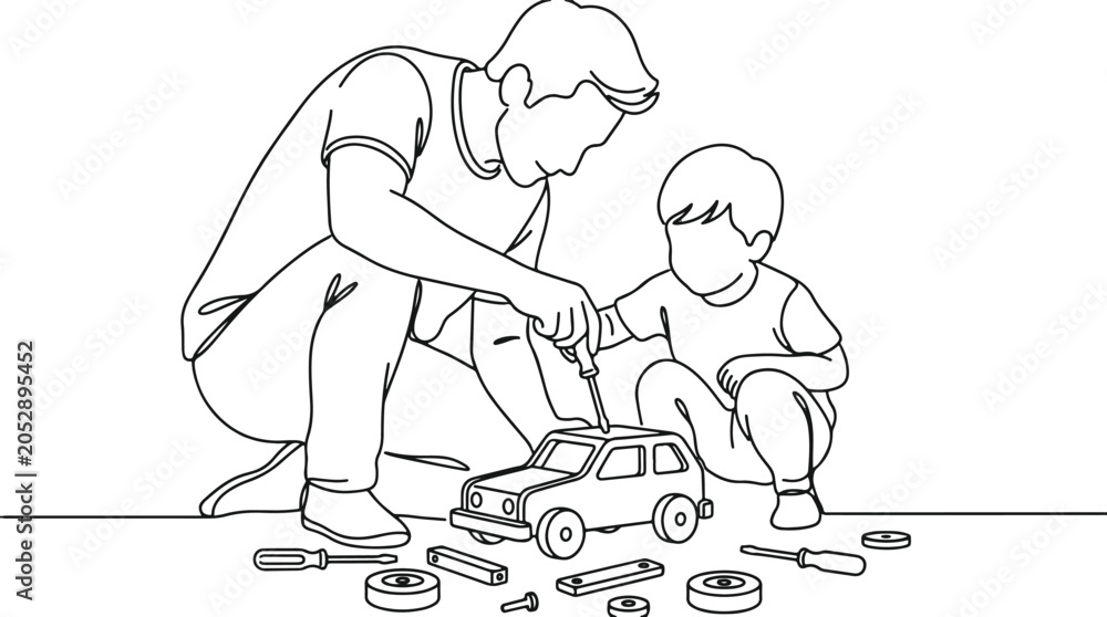Fototapeta premium Man and boy fixing toy car with tools