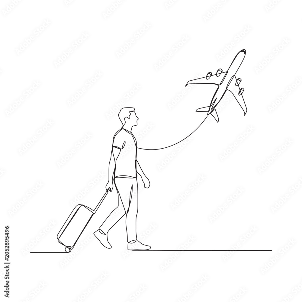 Obraz premium Man With Suitcase And Airplane Line Drawing Minimalist Style