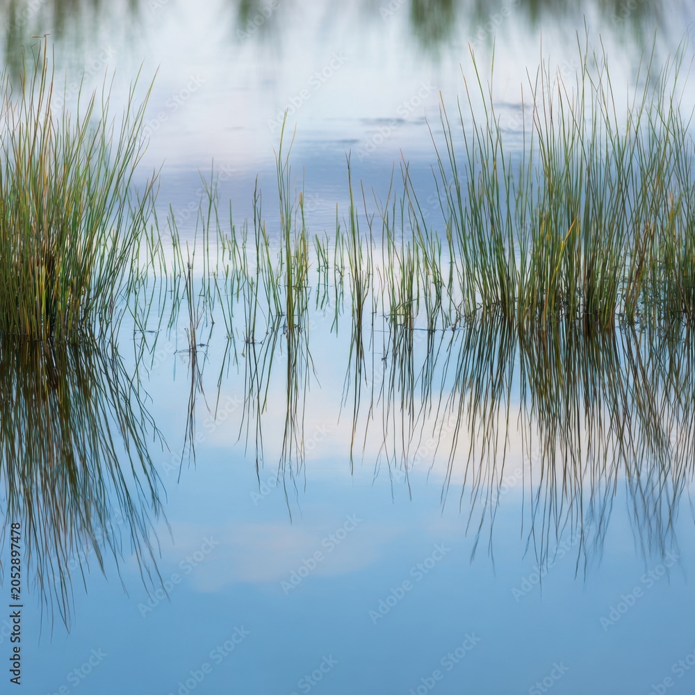 Fototapeta premium Tranquil wetland scene with green reeds reflecting on a calm water surface under a soft blue sky with scattered clouds in a peaceful natural environment