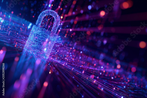 Advanced cybersecurity technology with holographic padlock, secure data transmission, network defense, threat prevention and digital trust framework