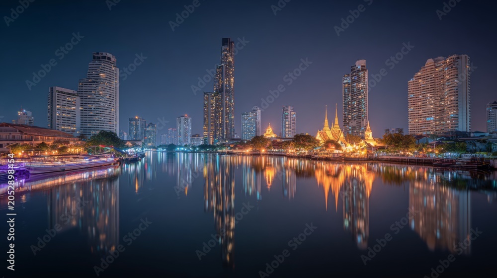 Obraz premium Stunning Reflections of Modern Skyline Along Chao Phraya River at Night with Vibrant City Lights