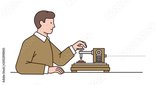 Billede på lærred Man operating intricate mechanical device, scientific research, innovation