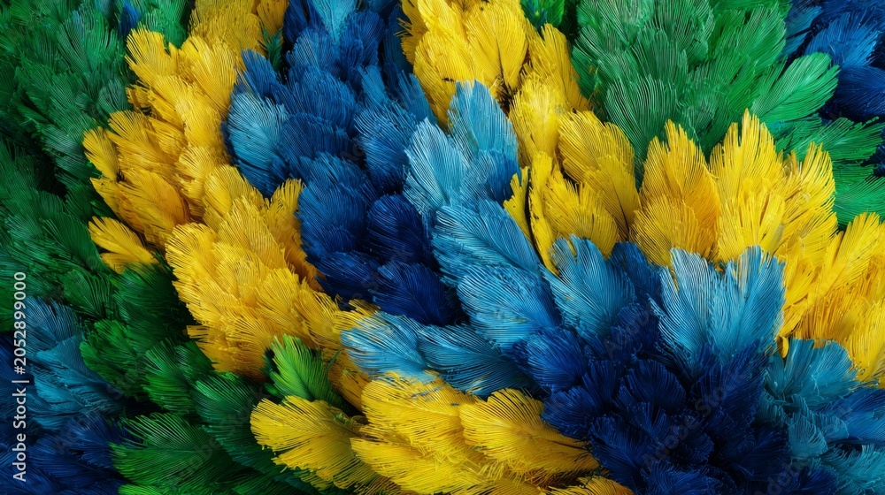 Obraz premium Vibrant Colorful Feathers in Green, Yellow, and Blue Arrangement for Carnival Decoration and Celebration