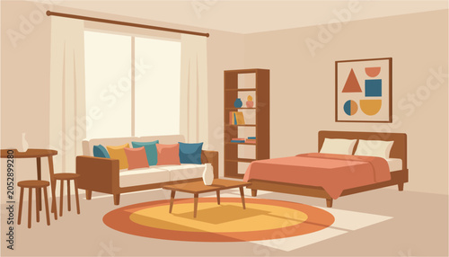Cozy Bedroom Interior with Wooden Furniture and Round Rug Illustration