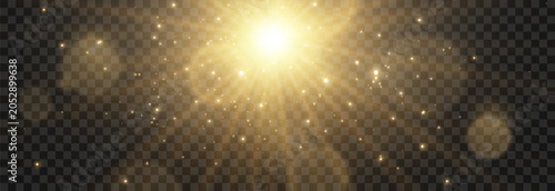 Vector realistic sunlight png. Special lens flare light effect. Golden sun with rays. Transparent glow light effect.