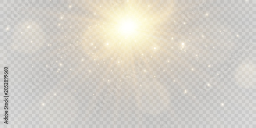 Vector realistic sunlight png. Special lens flare light effect. Golden sun with rays. Transparent glow light effect.