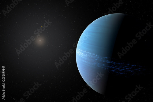 Illustation d'une exoplanète géant gazeuse. dont l'atmosphère supérieure est zebrée de cirrus d'ammoniac.