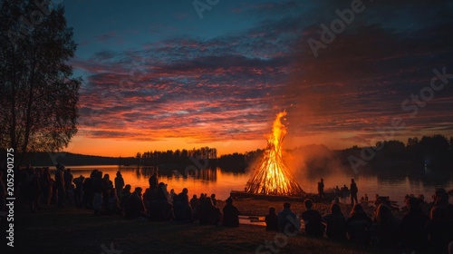 Midnight Bonfire Celebration by the Tranquil Lake Under the Ethereal Glow of the Setting Sun