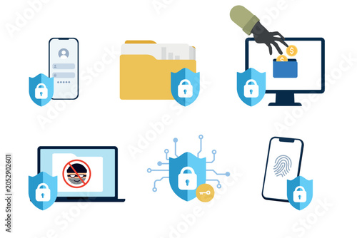 Canvas Print Cybersecurity icon set featuring secure login, protected files, phishing prevention, anti-theft payment security, biometric authentication and data protection