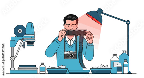 Foto Photographer developing film, darkroom setup, vintage camera, analog photography