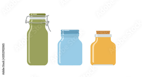 Three Colorful Glass Jars With Lids: Green, Blue, Amber - Isolated On White