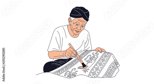 Asian man creating traditional batik fabric art with brush