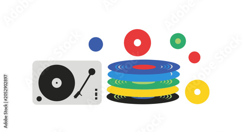Vintage Turntable and Colorful Vinyl Records Stacked
