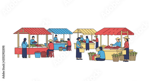 Asian street market scene with vendors and shoppers, diverse produce