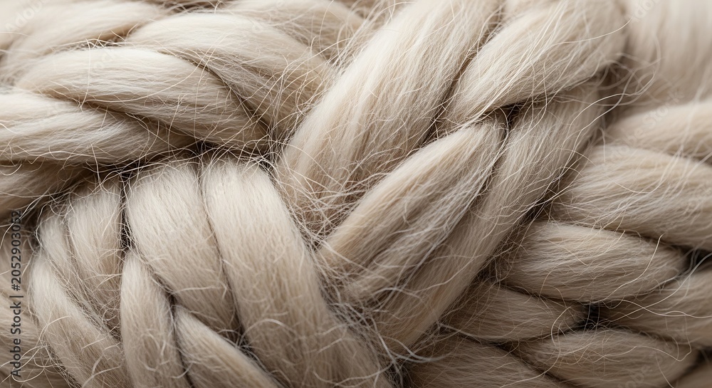 Fototapeta premium Close-up macro detail of thick beige woolen braided rope texture with material