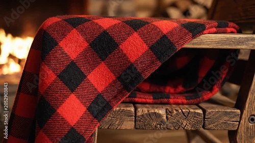 Red and black plaid blanket draped over rustic wooden chair near a glowing fireplace, warm cabin interior feel, cozy winter comfort and relaxation