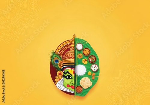 Traditional Onam Sadya and Kathakali Dance Cultural Illustration