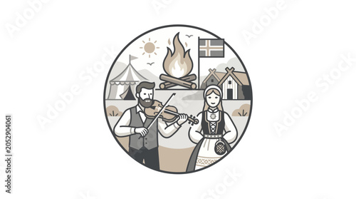 Schilderij op canvas Icelandic Folk Festival: Fiddler, Dancer, Campfire, Traditional Village Scene