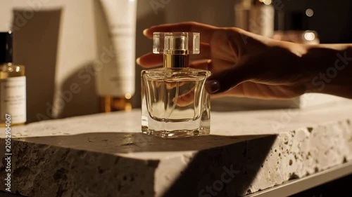Hand reaching for a glass perfume bottle on a stone vanity in warm sunlight, calm intimate mood, ideal for beauty branding and lifestyle editorial