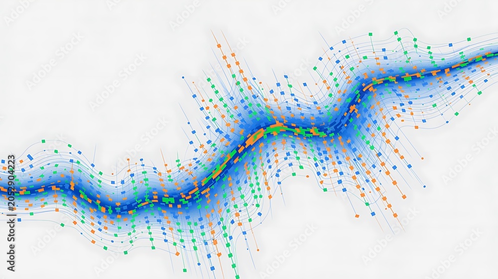 Fototapeta premium Vibrant data visualization featuring a wavy line with colorful dots on a white background