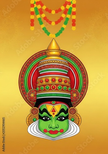 Traditional Kathakali Dancer Mask Illustration for Kerala Festival