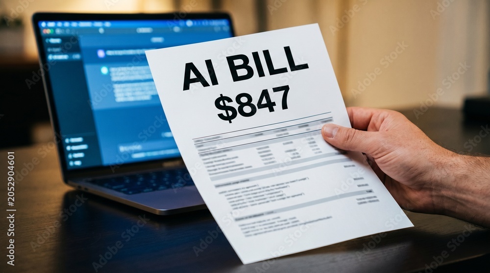 Obraz premium Man reviewing monthly AI chatbot usage bill at laptop