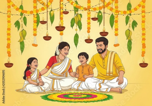 Happy Family Celebrating Onam Festival with Traditional Kerala Culture