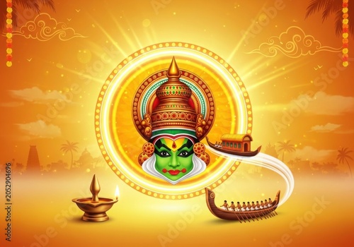 Traditional Kathakali and Onam Festival Artwork with Cultural Elements