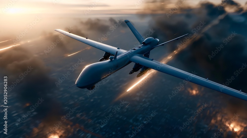 Naklejka premium Military drone flying during bombardment over cityscape