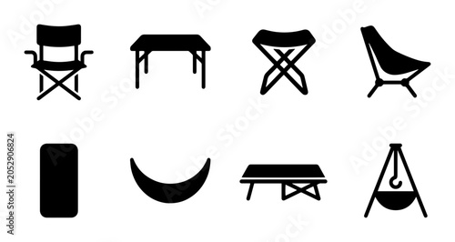 Foto Camping Furniture Icons: Folding Chairs, Tables, and Campfire Grill Vector Set