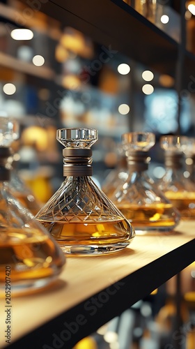 A glass of wine on a bar table with bottles in the background