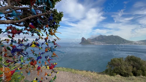 Brightly colored birds, handmade by a souvenir vendor, swaying in the wind. Cape Point, South Africa.