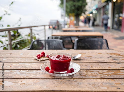 Glass jar of raspberry jam on a wooden table, natural light, homemade food concept, 