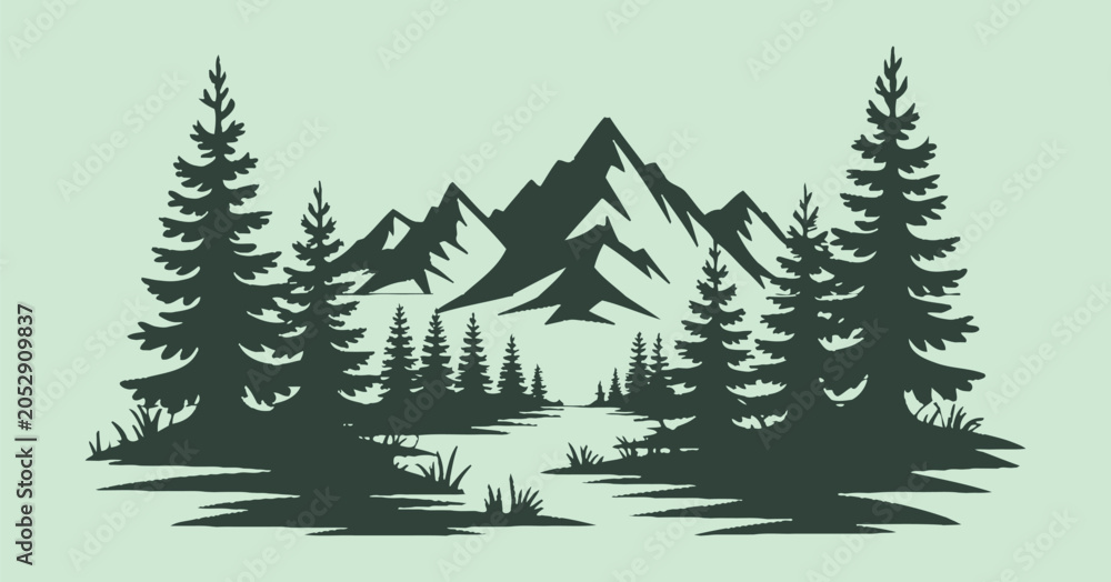 Fototapeta premium Forest And Mountain Silhouette Against Pale Green Setting